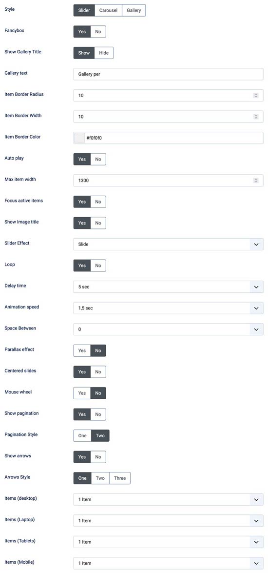 Photo gallery slider settings