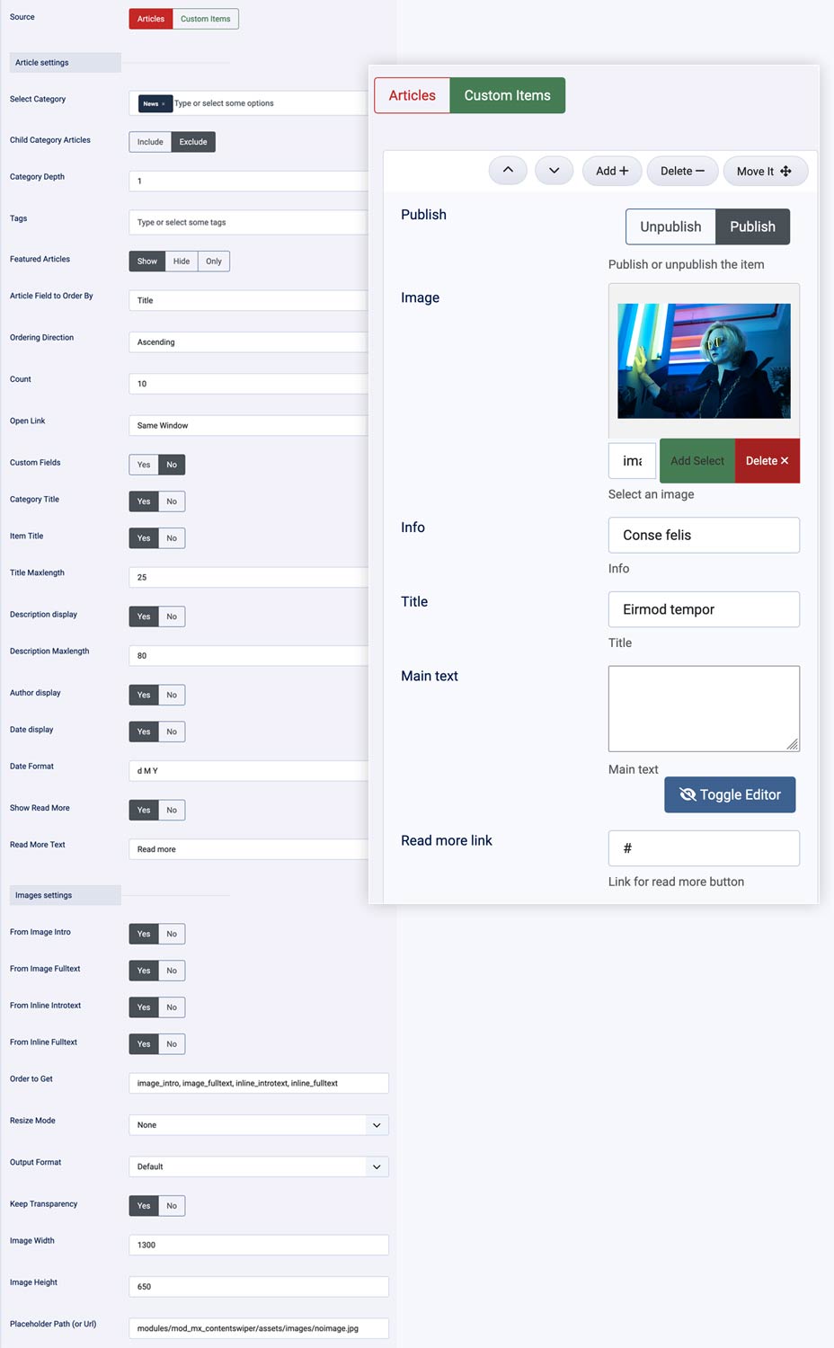 Content swiper joomla data source